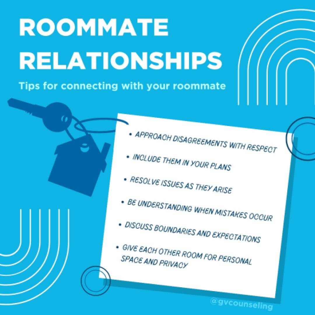 Graphic titled "Roommate Relationships" with a list of tips, such as respect and setting boundaries, on a blue background.